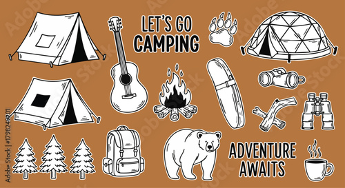 Illustrative stickers for a camping trip and outdoor adventure