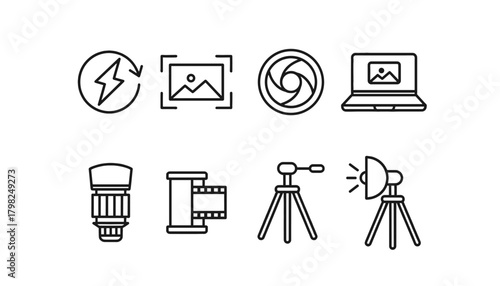 Professional Photography Equipment Line Icon Set: Flash, Focus Area, Camera Aperture, Lens, Film Roll, Tripod, Studio Lighting, and Digital Editing Symbols