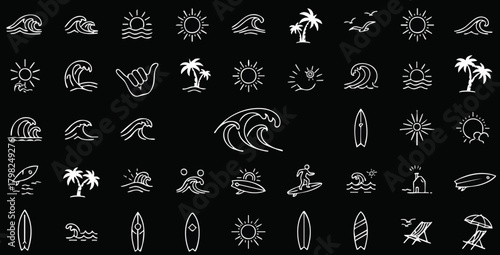 Minimalist white line art icons on a black background, featuring waves, sun, surfboards, and palm trees