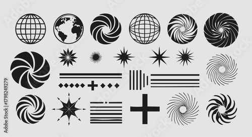 Modern vector abstract geometric shapes and symbols. Includes globes, swirling vortexes, stars, and lines