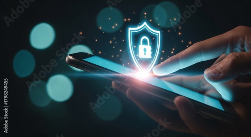 Cybersecurity concept Secure your mobile device with a fingerprint scan and padlock icon, symbolizing digital data protection and privacy