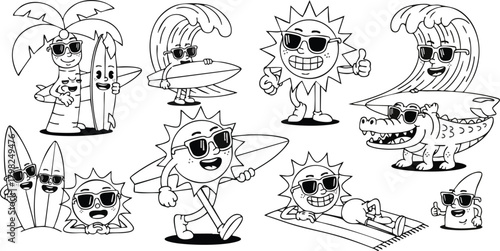 Retro cartoon characters, including suns, a palm tree, surfboards, waves, and an alligator, enjoy beach activities like surfing and sunbathing