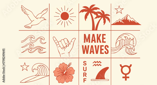 Retro summer illustration with various themed icons. Includes waves, surfboards, a shaka hand, mountains, palm trees, and more