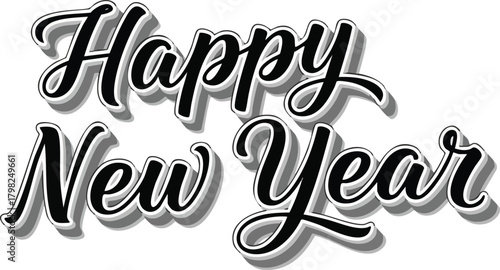 Retro styled "Happy New Year" text with a 3D shadow effect on a white background