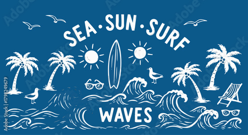 Retro summer illustration with waves, palm trees, sun, seagulls, and a surfboard against a blue background