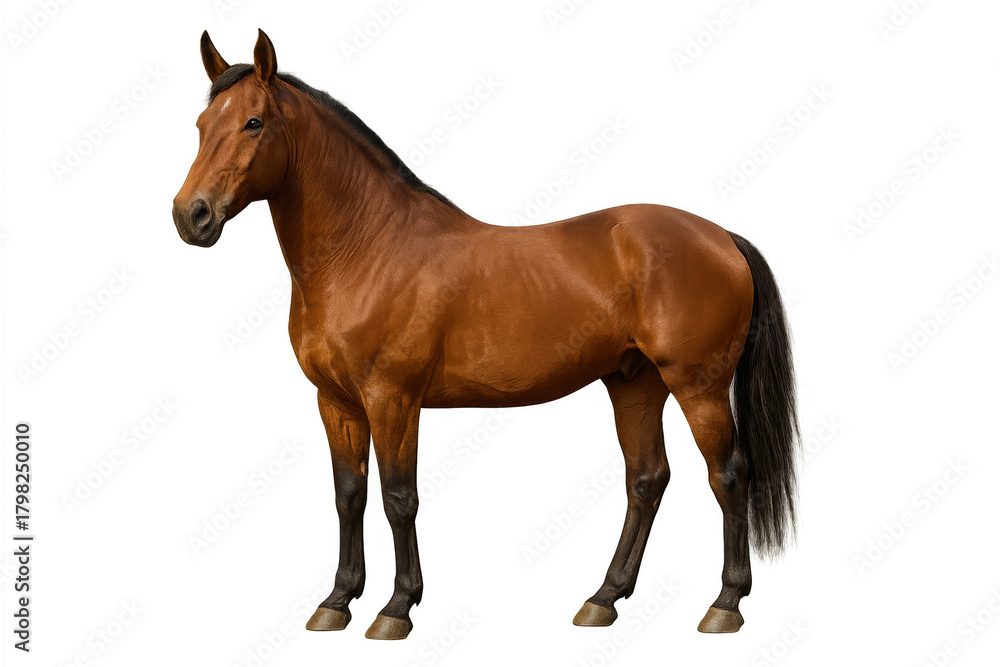 Obraz premium Bay horse standing in profile on transparent background, showing equine animal power and elegance, isolated for design