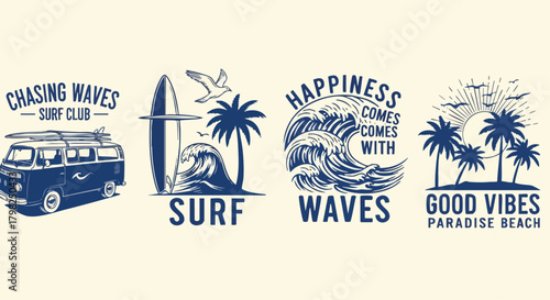 Set of four vintage blue and white surf style graphic designs perfect for apparel, stickers, and posters