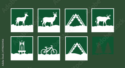Set of minimalist white vector icons for nature, hiking, and winter recreation, featuring deer, agility obstacles, and trees on a deep green background