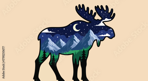 Stylized moose silhouette filled with a vibrant nighttime mountain and forest landscape vector design. Perfect for outdoor, travel, and nature themes