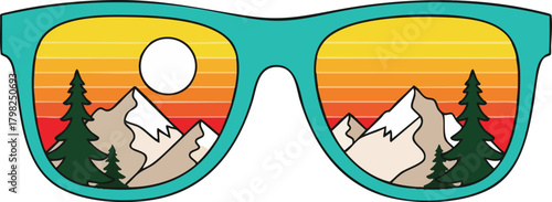 Stylized sunglasses reflect a vibrant sunset over snow-capped mountains and pine trees