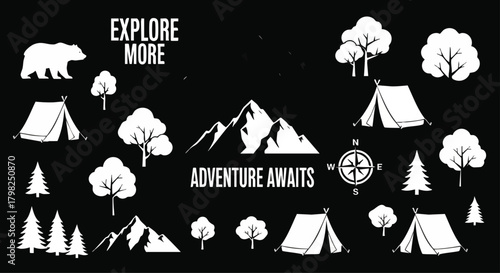 Vector design featuring camping and adventure motifs, set against a black background