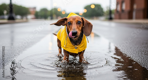 Fototapeta Naklejka Na Ścianę i Meble -  Dachshund dog wearing yellow raincoat playing in puddle