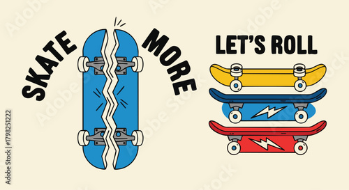 Vibrant graphic illustration featuring skateboards with bold text "SKATE MORE" and "LET'S ROLL