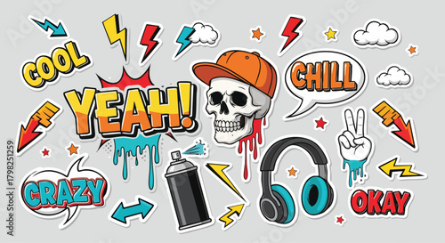 Vibrant pop art sticker collection featuring a cool skull in a cap, headphones, spray paint, and comic speech bubbles like YEAH! and CHILL