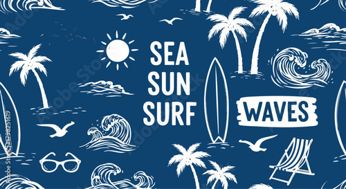 Vintage-style blue and white tropical beach pattern featuring surfboards, palm trees, waves, sun, and seagulls