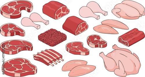 A collection of raw meat cuts, including steaks, roasts, chicken pieces, and ribs, presented in a clean, illustrative style on a white background