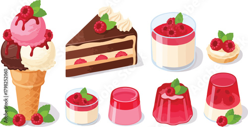 A colorful set of vector illustrations featuring various raspberry desserts, including an ice cream cone, chocolate cake slice, panna cotta, and jelly treats
