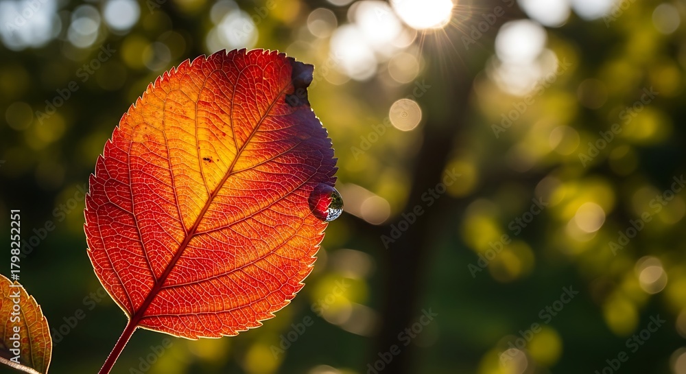 Obraz premium Illuminated autumnal leaf with droplet reflecting natural surroundings