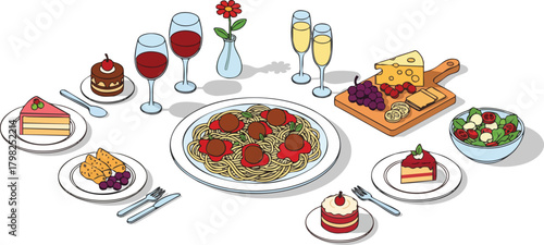 A festive spread of Italian food, including spaghetti and meatballs, salad, cheese, and assorted desserts