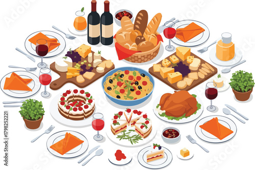 A festive table setting featuring a lavish feast with roasted chicken, pasta salad, assorted cheeses, breads, and desserts, ideal for celebrations and dining occasions