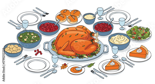 A festive Thanksgiving dinner spread, featuring a roasted turkey centerpiece, surrounded by classic side dishes like cranberry sauce, green beans, mashed potatoes, and pumpkin pie