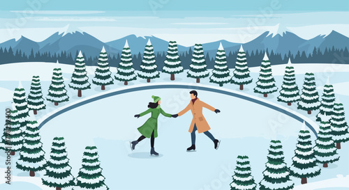 A romantic couple ice skates hand-in-hand on an outdoor rink in a beautiful snowy winter landscape with evergreen trees and mountains
