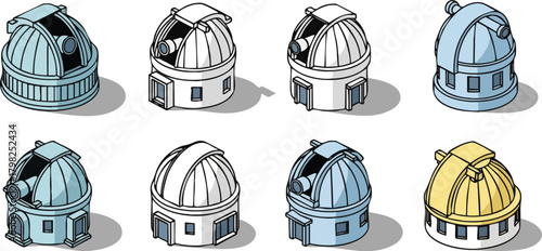 A set of isometric vector icons illustrating various astronomical observatory domes in different color schemes and outline styles
