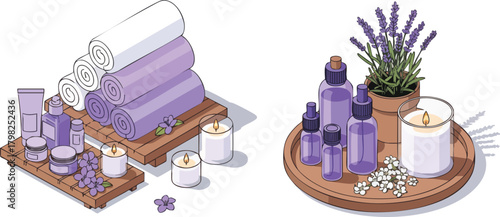 A serene spa scene featuring rolled towels, aromatherapy oils, and lit candles, complemented by fragrant lavender and delicate flowers, perfect for relaxation and wellness concepts
