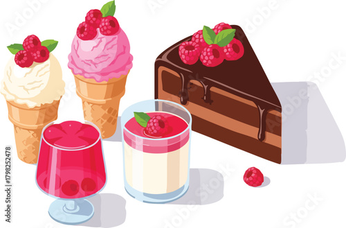 A tempting collection of raspberry desserts including chocolate cake, panna cotta, jelly, and ice cream cones