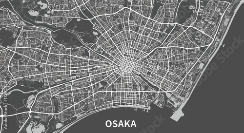 Abstract, stylized city map of Osaka, Japan, featuring a dense network of white streets and buildings on a dark gray background