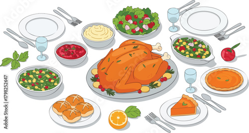 Abundant holiday dinner spread vector illustration centered around a roasted turkey and traditional side dishes