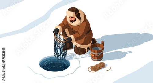 Bearded man dressed in warm winter gear pulls a net filled with fish out of an ice fishing hole