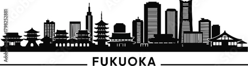Black and white silhouette skyline icon of Fukuoka, Japan, blending modern skyscrapers with traditional temples and pagodas