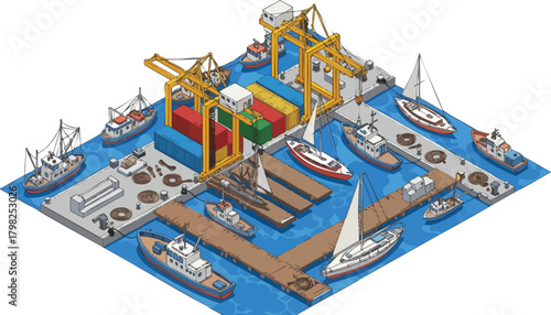 Busy isometric marine harbor illustration showing cranes loading colorful containers, docked sailboats, and fishing vessels