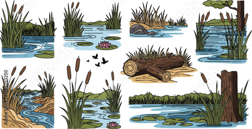 Collection of cartoon vector illustrations featuring swamp and wetland scenes