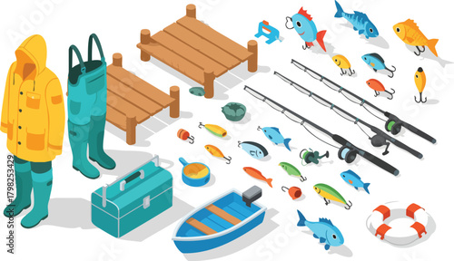 Comprehensive isometric illustration of fishing gear isolated on white