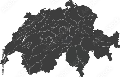 Detailed silhouette map of Switzerland, clearly outlining all cantons