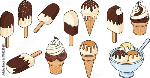 Diverse vector collection of ice cream treats: popsicles, cones, sundae. Ideal for summer menus, advertising, graphic design. Sweet, refreshing mood