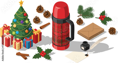 Festive Christmas illustration with a decorated tree, gifts, a thermos, and traditional holiday elements