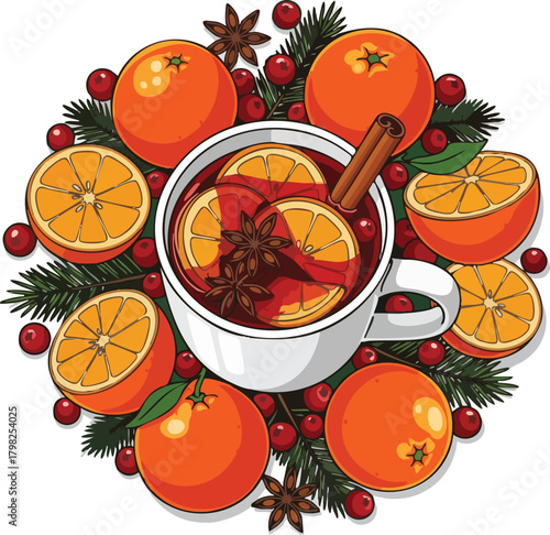 Festive vector art illustration of mulled wine in a white mug, garnished with oranges, cranberries, anise stars, and cinnamon sticks