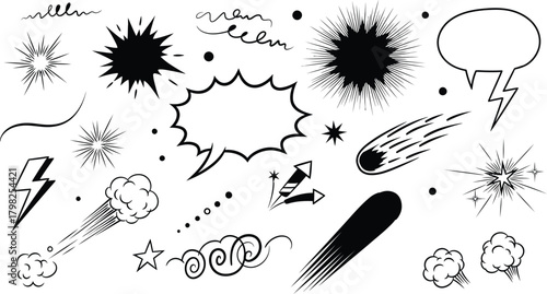 Collection of comic book style hand drawn sound effects and speech bubbles