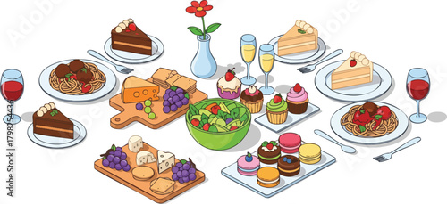 Illustration of a delicious buffet setup featuring spaghetti, salad, cake, cheese boards, cupcakes, wine, and champagne, perfect for a celebration or restaurant menu