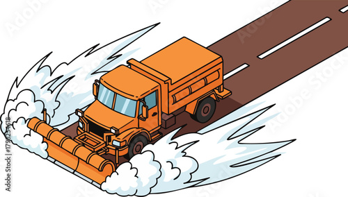 Illustration of a snowplow truck clearing snow from a road. The vector artwork depicts a winter scene of road maintenance