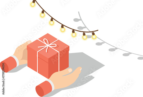 Illustration of a red gift box being held by two hands under a string of light bulbs, conveying a festive and celebratory mood