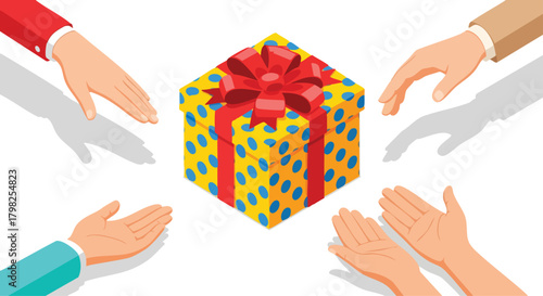 Illustration of hands reaching for a gift box. Depicts the concepts of sharing, giving, and receiving