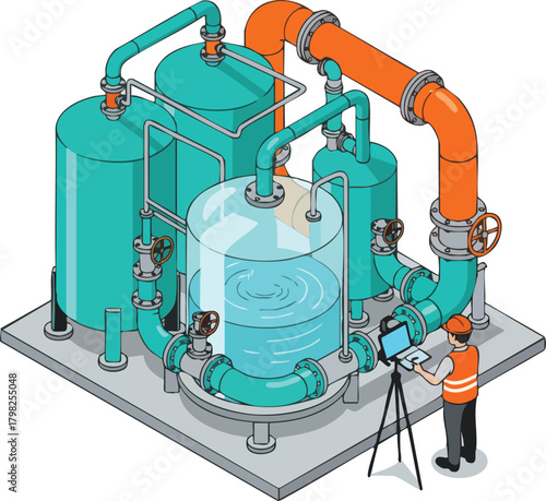 Industrial water treatment plant with technician monitoring operations on a laptop