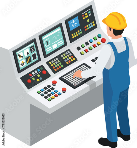 Industrial worker in hard hat operating a control panel with multiple screens and buttons in a factory or control room