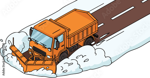 Isometric cartoon illustration of an orange snow plow truck clearing heavy snow from a dark brown road during winter operations