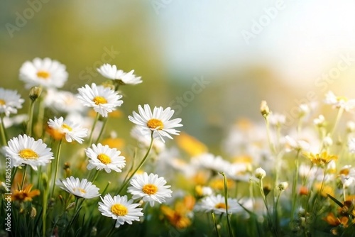 Fototapeta Naklejka Na Ścianę i Meble -  Fresh real daisy flowers, blossoms, growing in meadow grass on a warm sunny spring summer day with a bright sunlit sky background