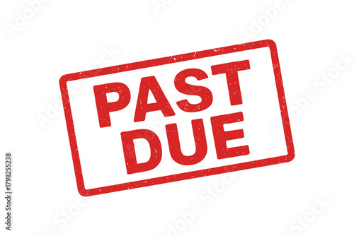 Red rubber stamp text PAST DUE rectangular outline bold capital letters distressed texture rotation isolated on white background vector illustration clean minimal style